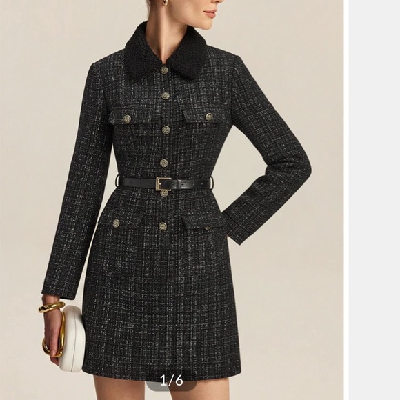 Commense Dresses & Skirts - COMMENSE Black Fur Collar Tweed Blazer Belted Dress NWT